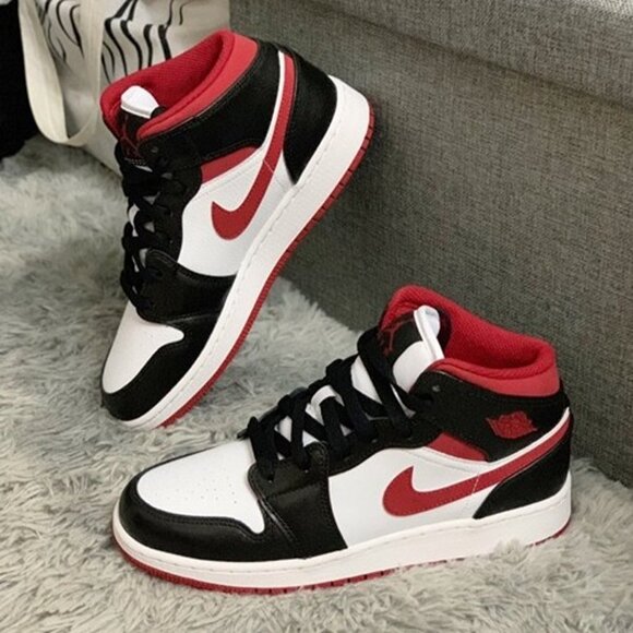 Jordan Air Jordan 1 Mid-help retro basketball shoes GS White Black Red - Picture 5 of 7